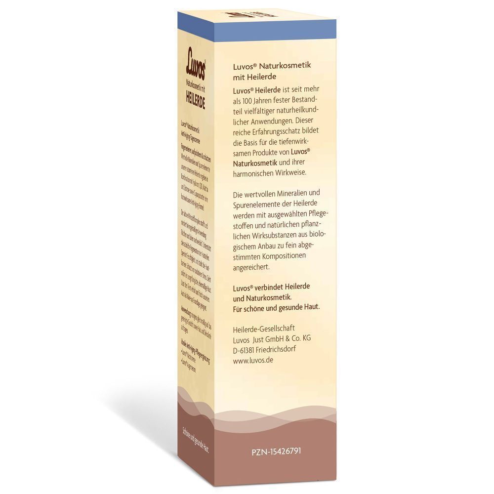 Luvos Naturkosmetik mit Heilerde. Text auf der Verpackung. PZN-15426791. Für schöne und gesunde Haut.