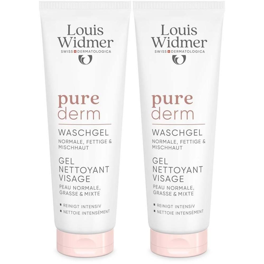 Zwei Tuben Waschgel. Weiß, mit rosa Verschluss. Aufschrift: Louis Widmer, pure derm, Waschgel, Gel nettoyant visage.