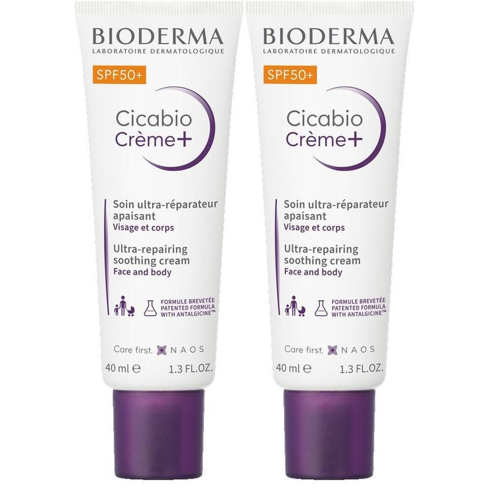 Zwei Tuben BIODERMA Cicabio Crème+ LSF 50+. Weiße Tuben mit lila Akzenten. Text: SPF50+, Cicabio Crème+, Ultra-repairing soothing cream.