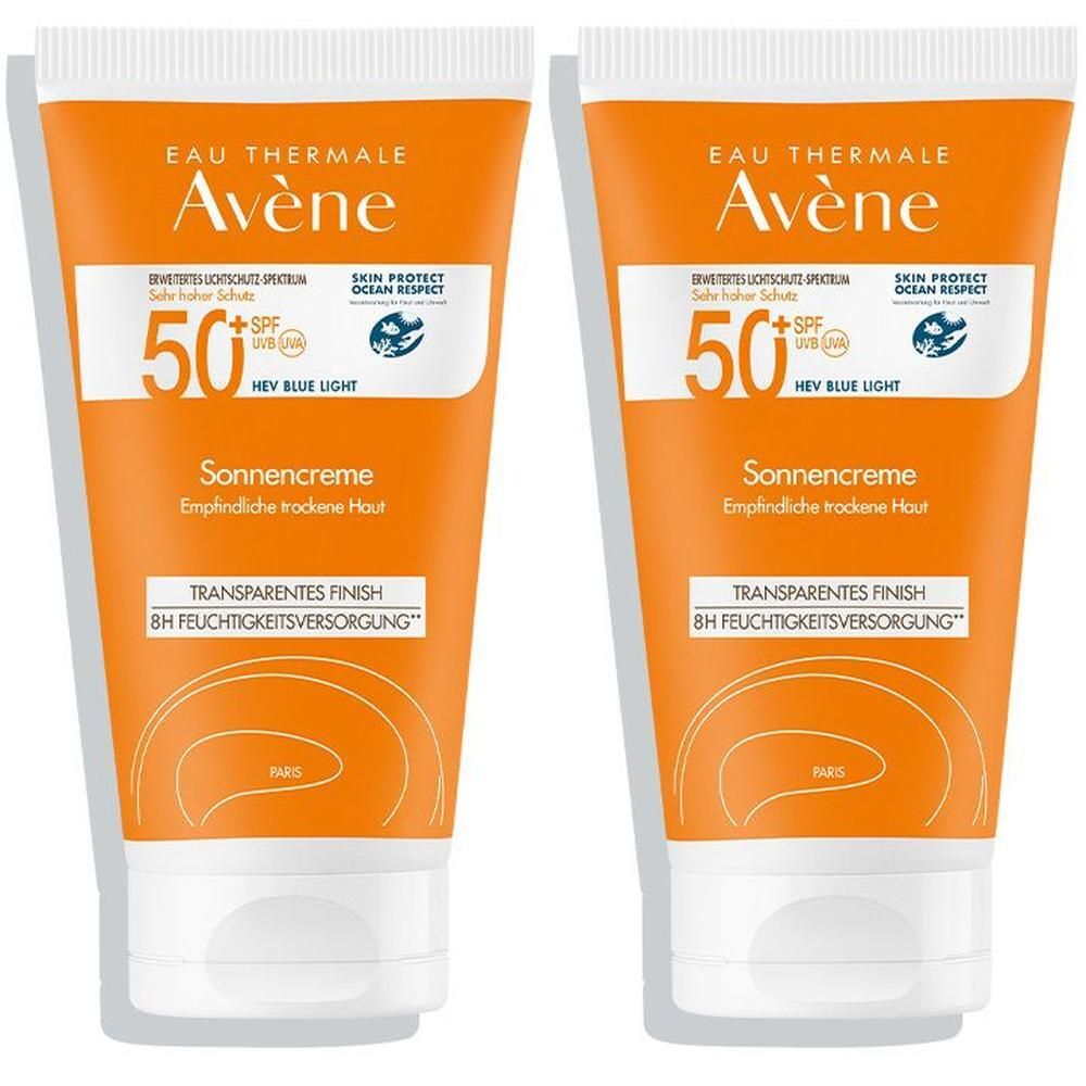 Zwei Tuben Sonnencreme, orangefarben, mit weißem Verschluss. Text: AVENE, SPF 50+, Sonnencreme, transparente Textur.