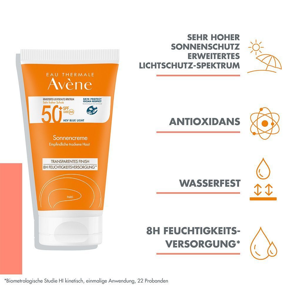 Orangefarbene Tube Sonnencreme. Text: AVENE, SPF 50+, Sonnencreme, transparente Textur. Zusätzliche Textinformationen.