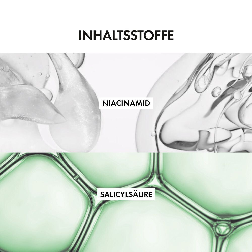 Nahaufnahme von Inhaltsstoffen: Niacinamid und Salicylsäure. Beide in transparenten Blasen dargestellt.