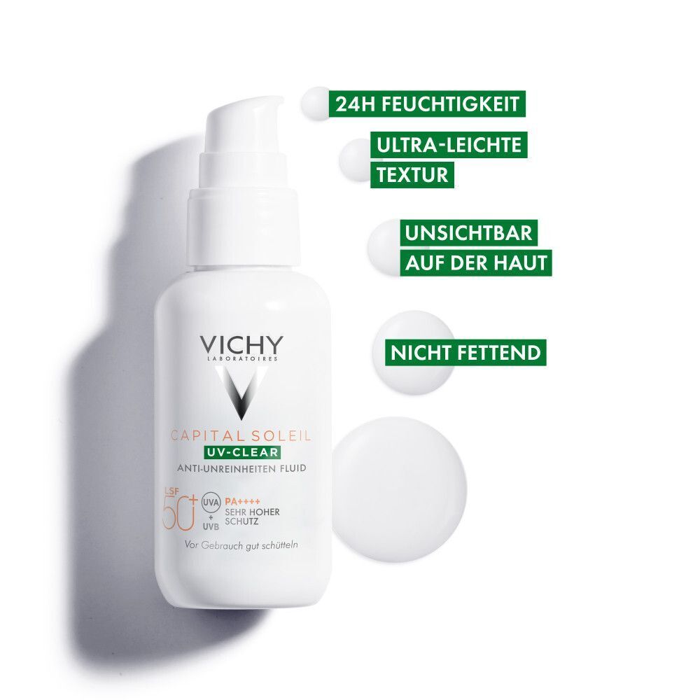 Weiße Flasche mit Pumpverschluss. Aufschrift: Vichy Capital Soleil UV-Clear. Text: 24h Feuchtigkeit, ultra-leichte Textur.