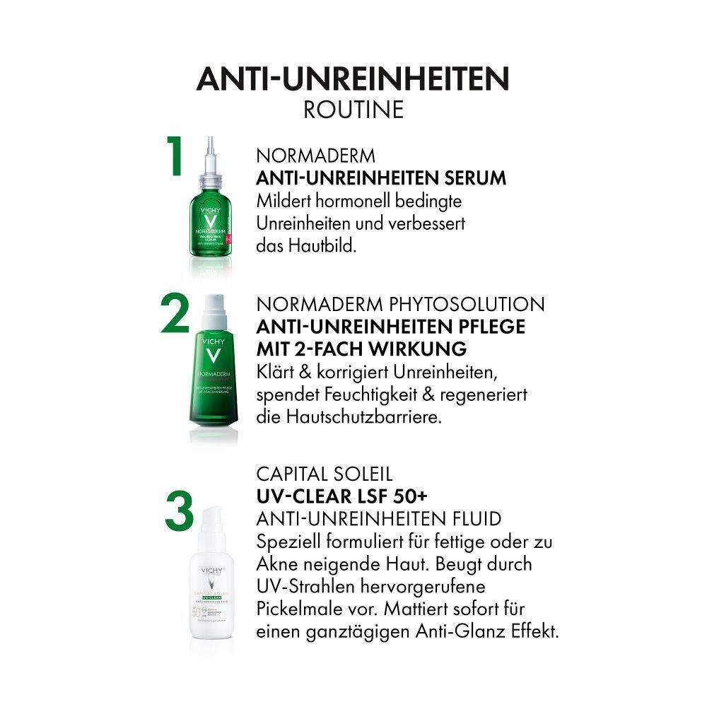Drei Produkte in einer Anti-Unreinheiten-Routine. Normaderm Serum, Normaderm Pflege, Capital Soleil UV-Clear Fluid.