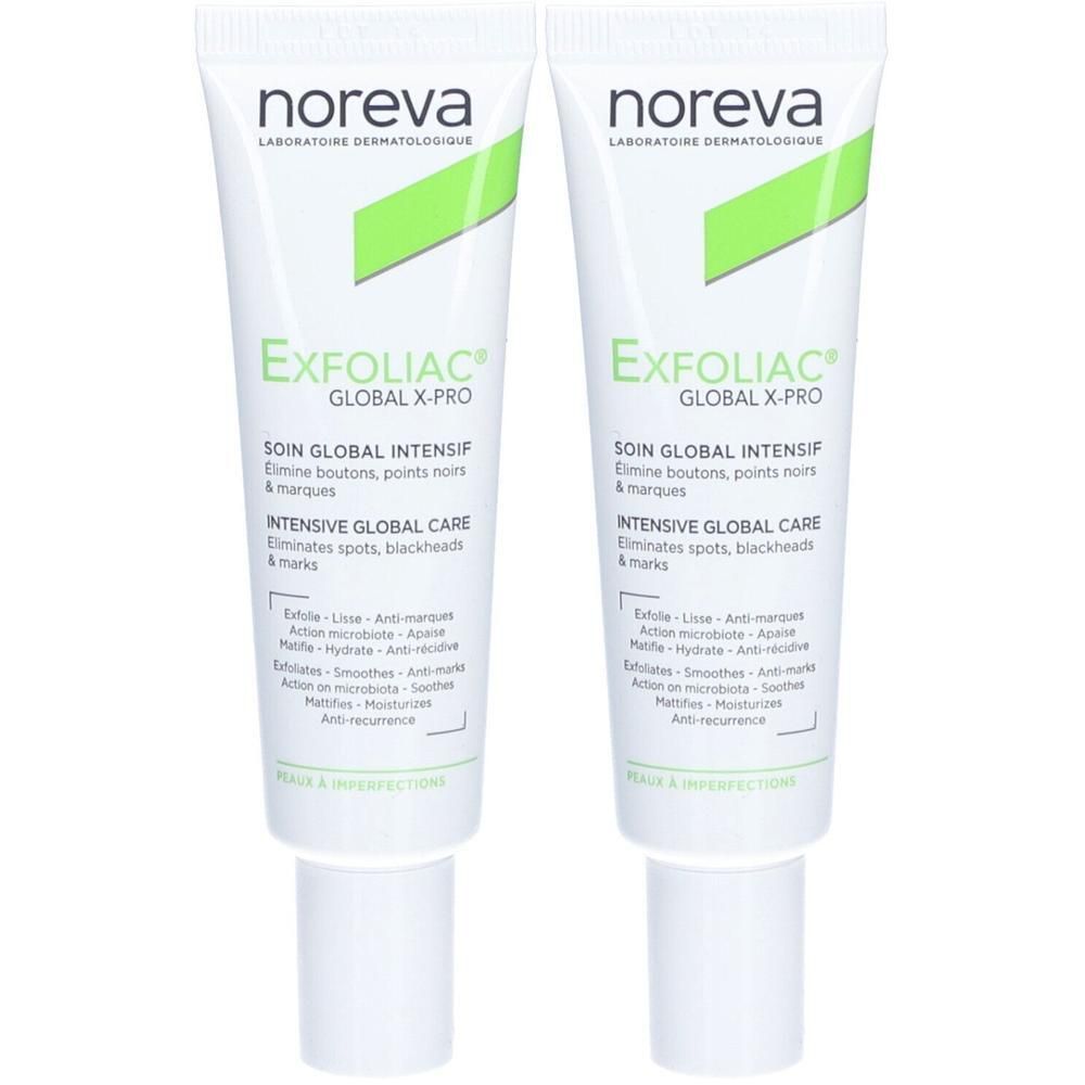 Zwei Tuben NOREVA Exfoliac Global X-Pro Creme. Weiße Tuben mit grünen Akzenten und Produktbezeichnungen. Aufschrift: SOIN GLOBAL INTENSIF.