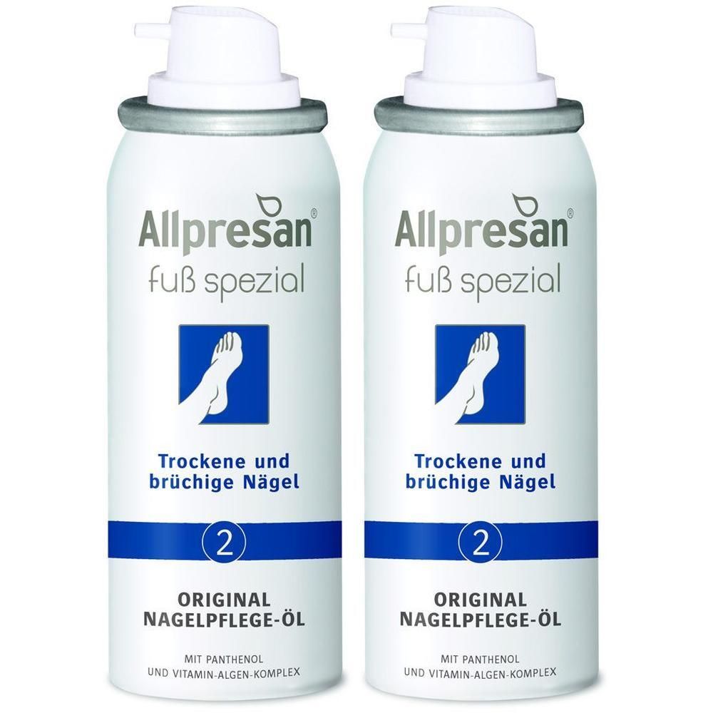 Zwei weiße Sprühflaschen mit silbernen Rändern und weißen Sprühköpfen. Aufschrift: Allpresan Fuß spezial, Nagelpflege-Öl. Blaue quadratische Logos mit Fuß.