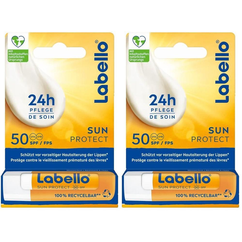 Zwei Labello Sun Protect Lippenpflegestifte. Gelbe Verpackung mit weißem Lippenbalsam-Symbol, SPF 50. Text: 24h Pflege, 100% recycelbar.