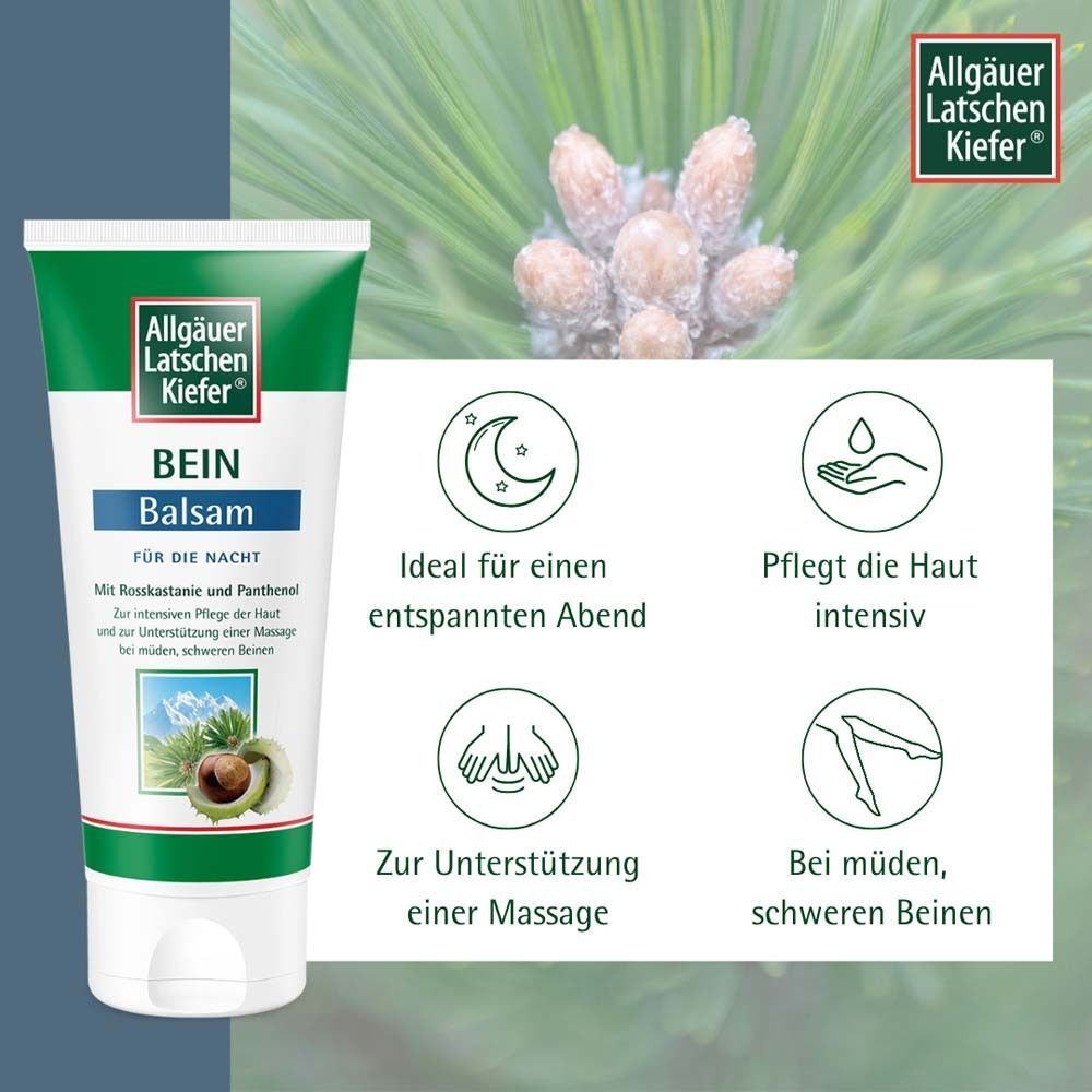 Tube Bein Balsam mit Icons. Aufschrift: Bein Balsam für die Nacht. Mit Rosskastanie und Panthenol. Icons: Mond, Hand, Beine, Füße. Text: Ideal für einen entspannten Abend.