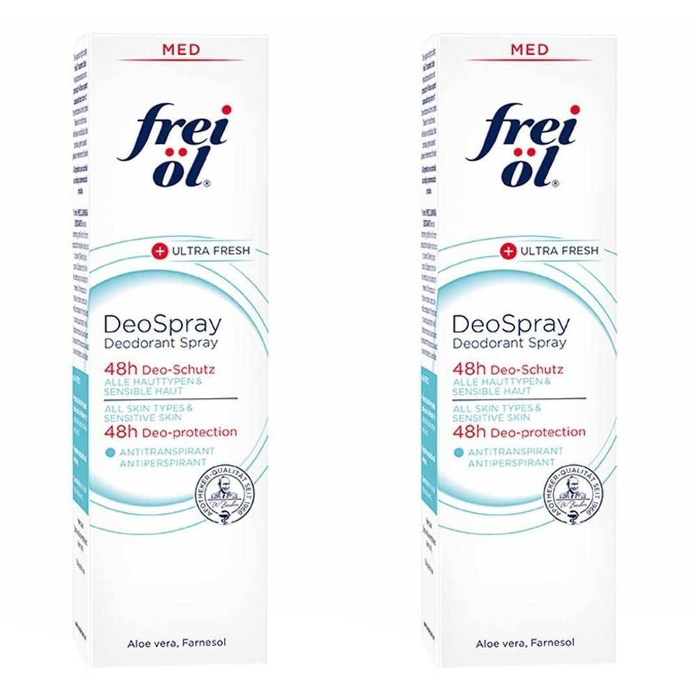 Zwei weiße DeoSpray-Verpackungen. Aufschrift: frei öl, Deospray, 48h Deo-Schutz, für alle Hauttypen, Anti-Transpirant.