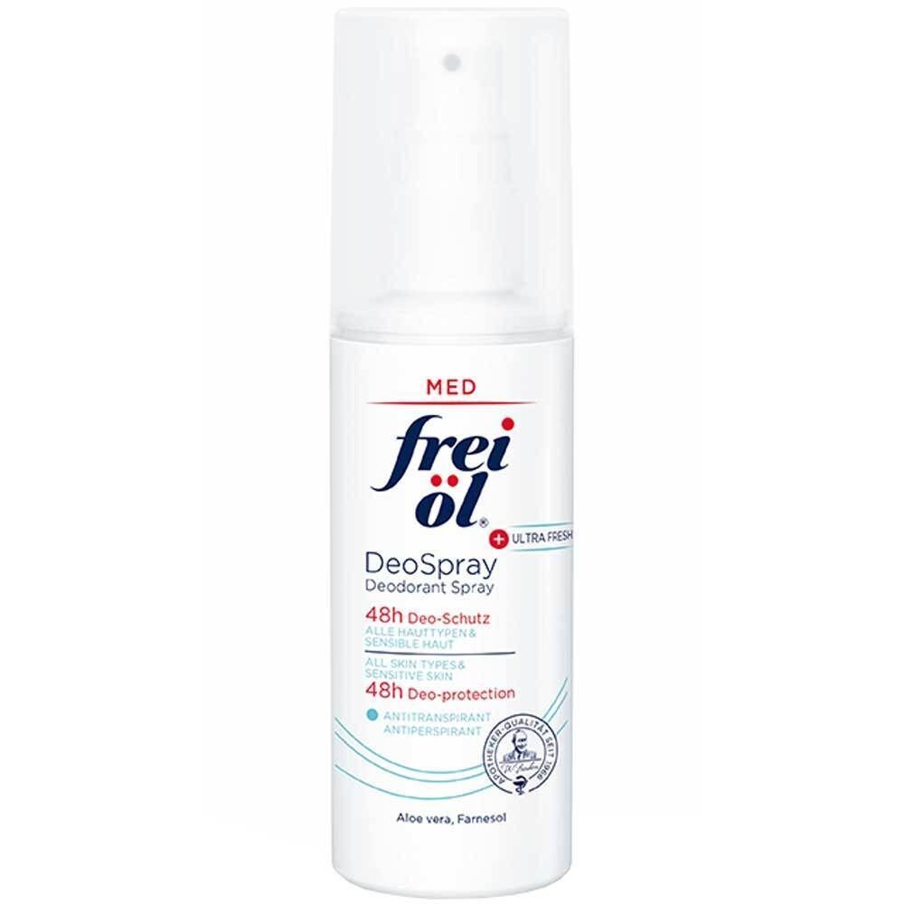 Weiße DeoSpray-Flasche mit Sprühkopf. Aufschrift: frei öl, Deospray, 48h Deo-Schutz, für alle Hauttypen, Anti-Transpirant.