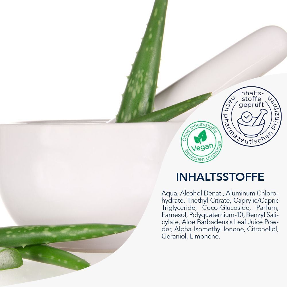 Mörser mit Aloe Vera Blättern. Text: Inhaltsstoffe geprüft, vegan, pharmazeutische Ursprünge. Inhaltsstoffe: Aqua, Alcohol Denat., etc.