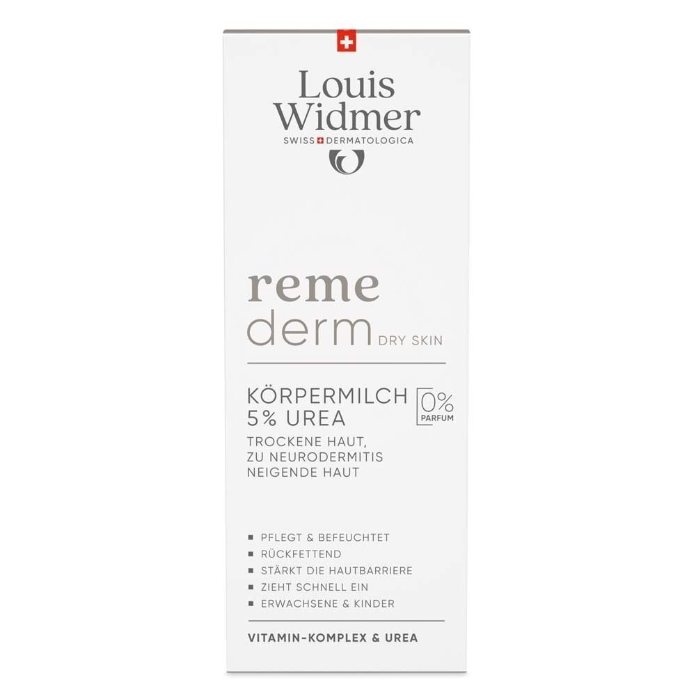 Weiße Verpackung. Aufschrift: Louis Widmer, remederm dry skin, Körpermilch 5% Urea. Text in Deutsch. Mit Qualitätsmerkmal.