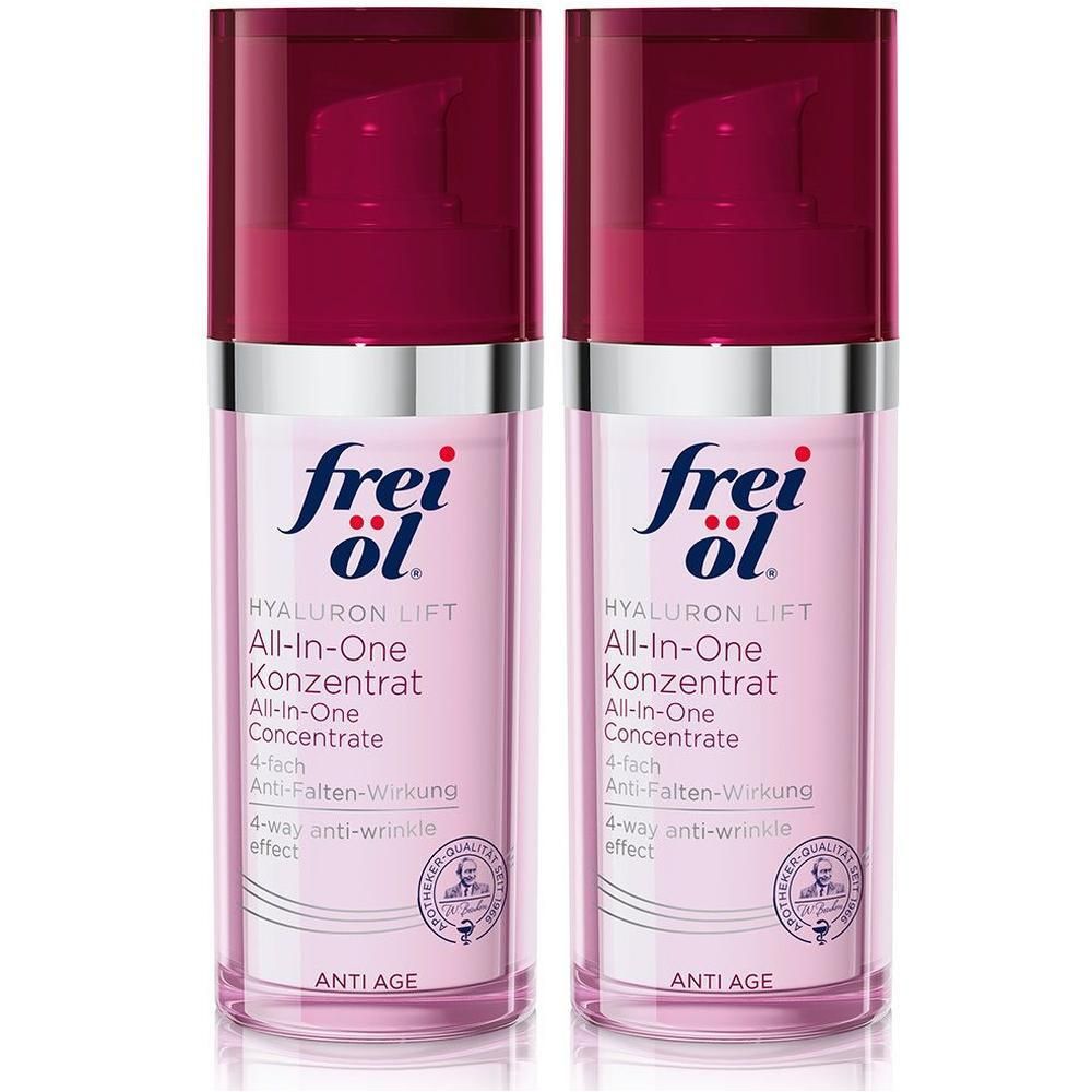 Zwei Flaschen mit rosa Flüssigkeit und Pumpaufsatz. Aufschrift: frei öl, Hyaluron Lift All-in-One Konzentrat, Anti-Age.