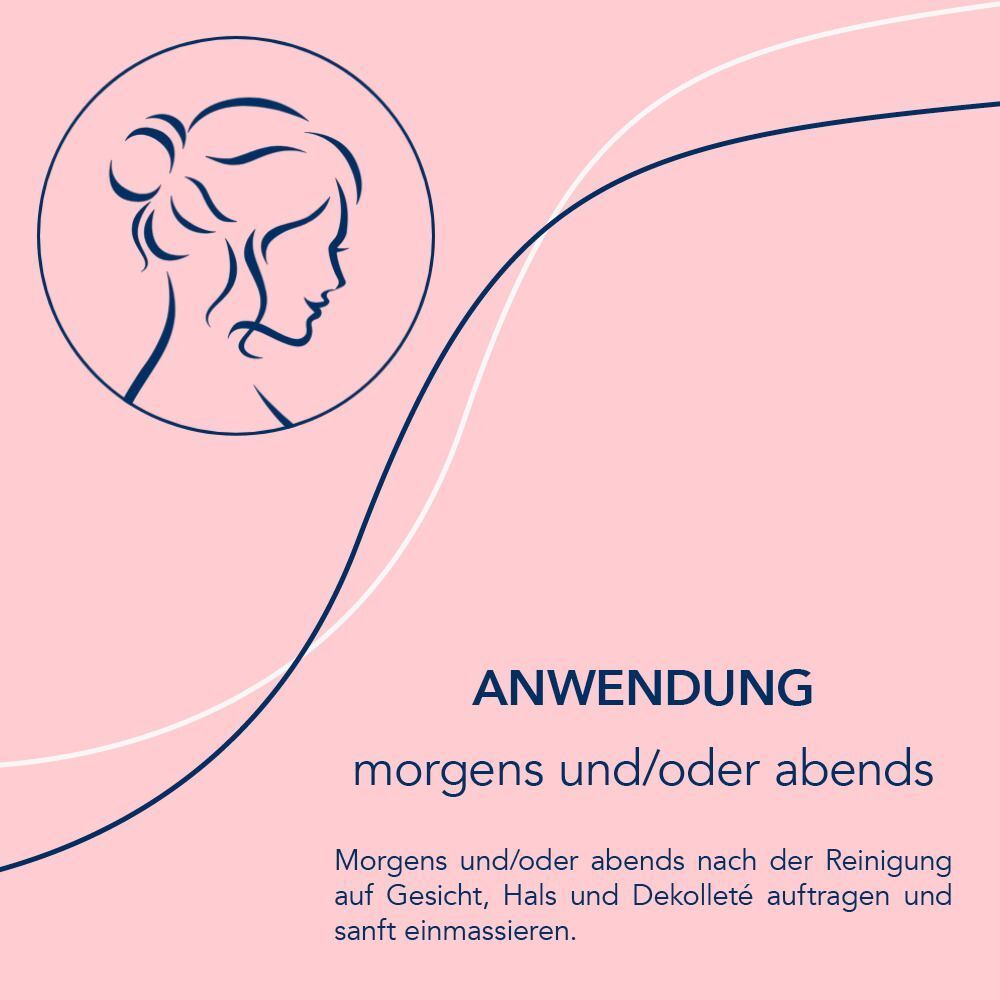 Anwendungshinweis. Text: morgens und/oder abends. Auf Gesicht, Hals und Dekolleté auftragen und einmassieren.