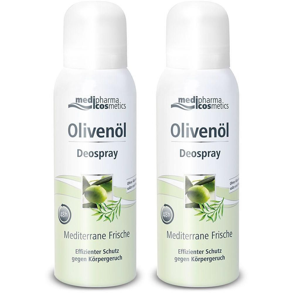 Zwei weiße Deospray-Flaschen mit Olivenöl-Logo. Aufschrift: Olivenöl Deospray, Mediterrane Frische, 48h Schutz. Marke: medipharma cosmetics.