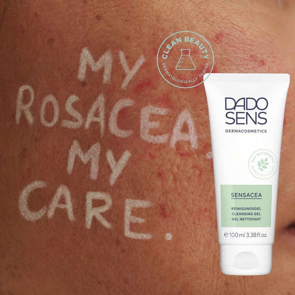 Dado Sens Sensacea Reinigungsgel Tube, 100ml. Haut mit "My Rosacea My Care" Schriftzug.
