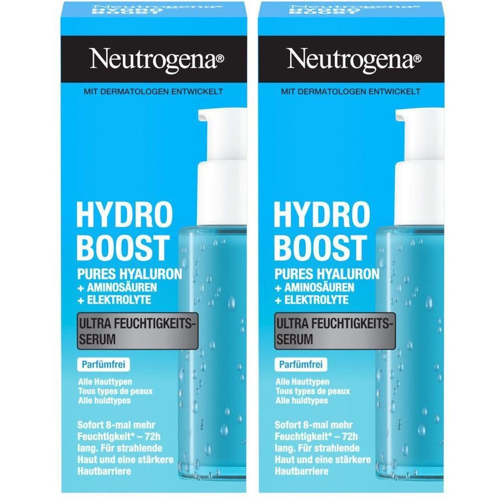 Zwei Flaschen Neutrogena Hydro Boost Serum. Blaue Flaschen mit weißem Pumpkopf. Text: Hydro Boost, Ultra Feuchtigkeitsserum.