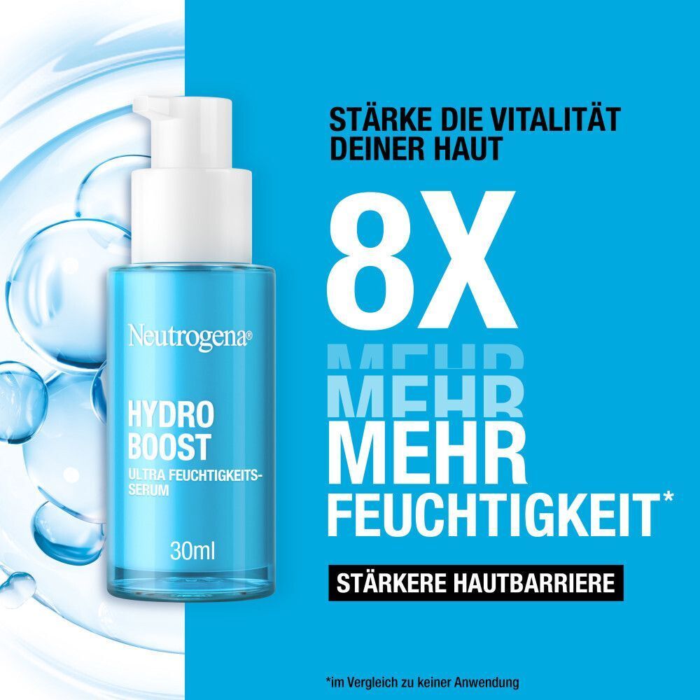 Neutrogena Hydro Boost Serum, blaue Flasche mit weißem Pumpkopf. Text: 8X mehr Feuchtigkeit, stärkere Hautbarriere. Hintergrund blau.