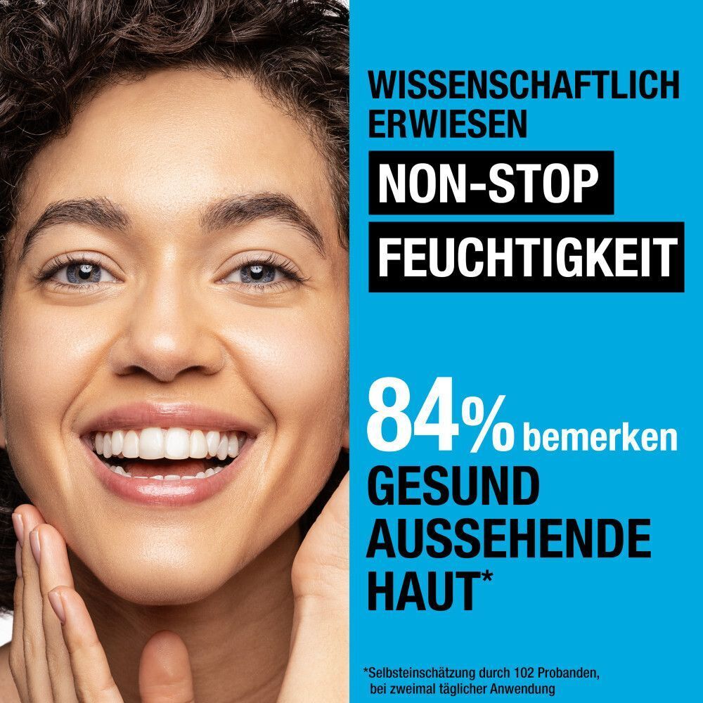 Frau mit strahlender Haut. Text: 84% bemerken gesunde Haut. Hintergrund blau. Text: Wissenschaftlich erwiesen, Non-Stop Feuchtigkeit.