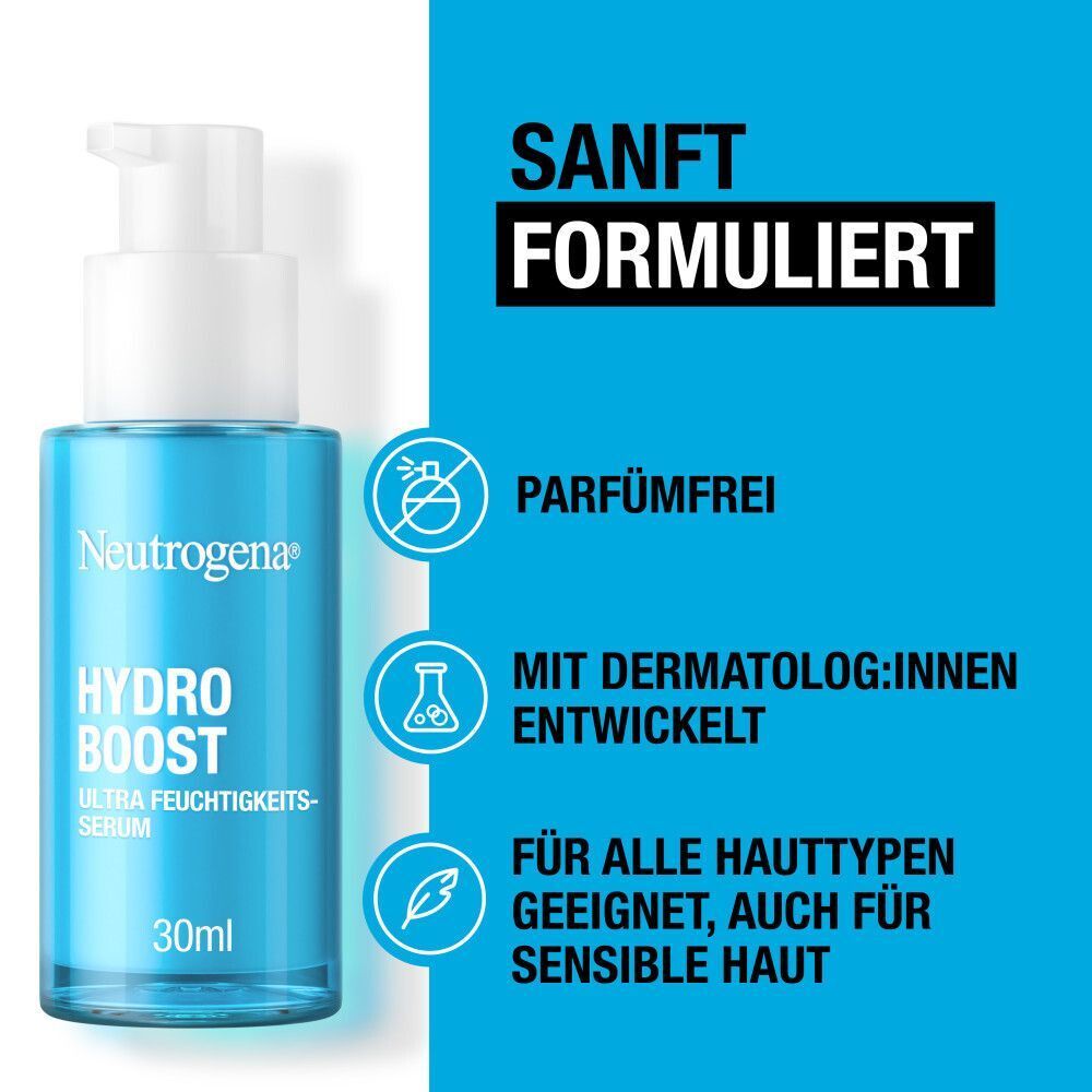 Neutrogena Hydro Boost Serum, blaue Flasche. Text: Parfumfrei, mit Dermatologen entwickelt, für alle Hauttypen geeignet. 30ml.