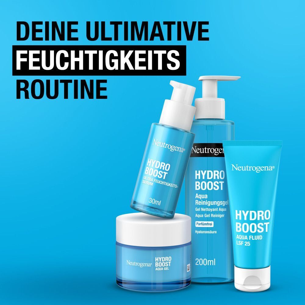 Verschiedene Neutrogena Hydro Boost Produkte: Serum, Aqua Gel, Reinigungs-Gel, Aqua Fluid. Blaue Verpackungen.