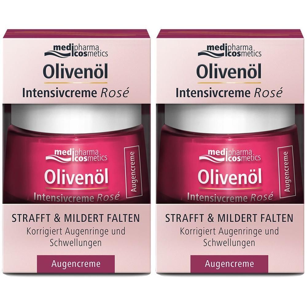 Zwei Tiegel Augencreme in Kartonverpackung. Aufdruck: Olivenöl Intensivcreme Rosé, medi-pharma cosmetics. Strafft & mildert Falten.