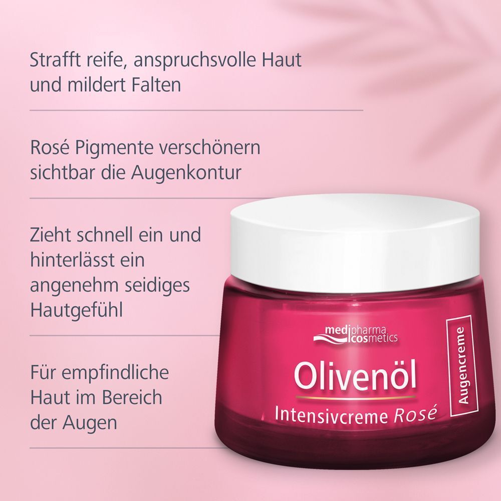 Tiegel Augencreme, rosa Glas, weißer Deckel. Aufdruck: Olivenöl Intensivcreme Rosé. Text: Strafft reife Haut, Rosé Pigmente, zieht schnell ein.