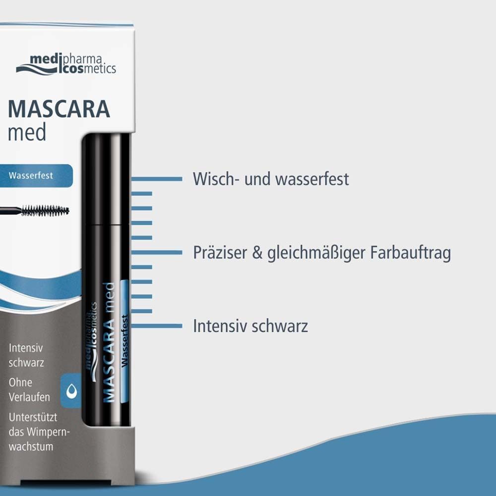 Mascara-Tube in Verpackung. Text: Wisch- und wasserfest, präziser Farbauftrag, intensiv schwarz. Marke: medipharma cosmetics.