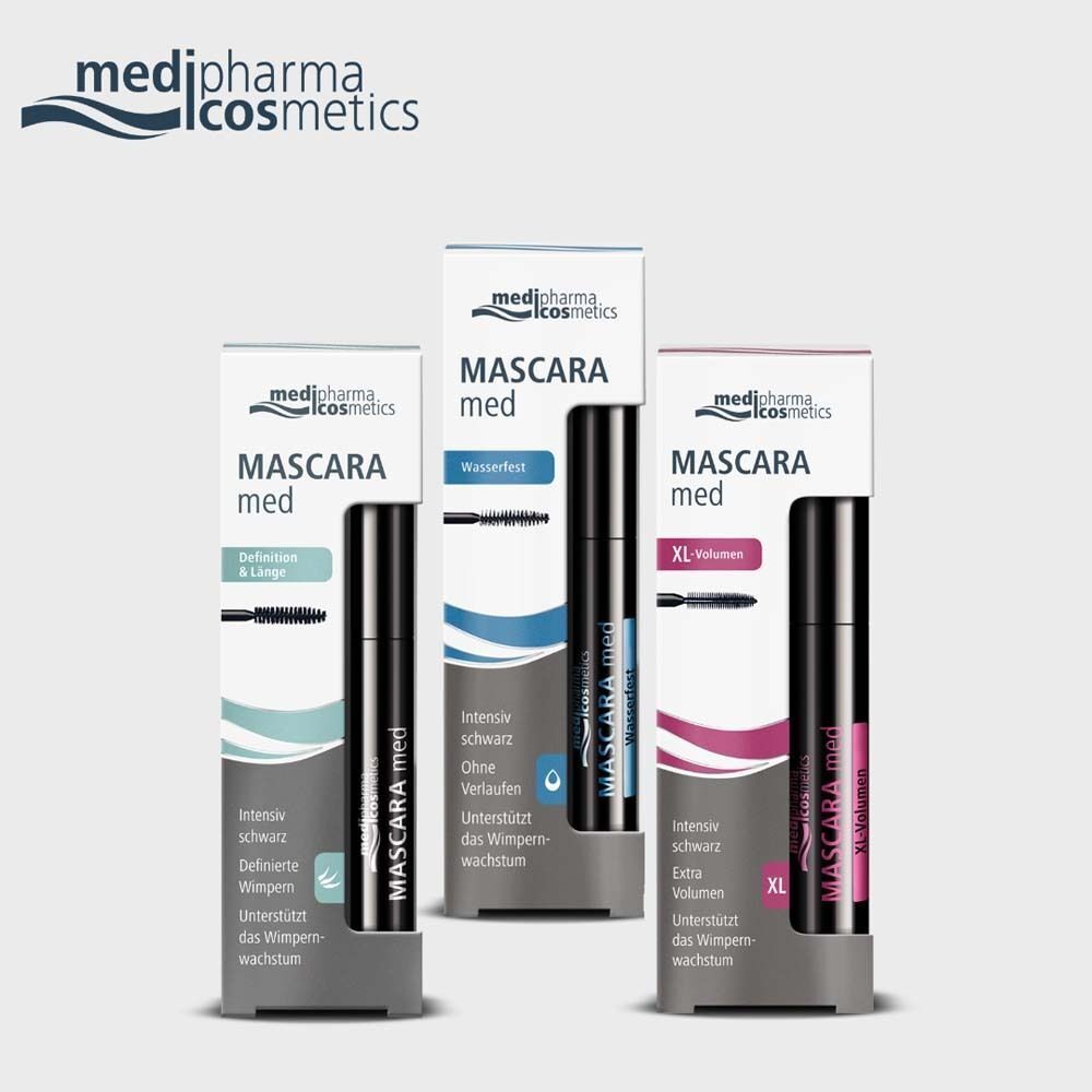 Drei Mascara-Verpackungen. Aufschrift: MASCARA med. Varianten: Definition & Länge, wasserfest, XL Volumen. Marke: medipharma cosmetics.