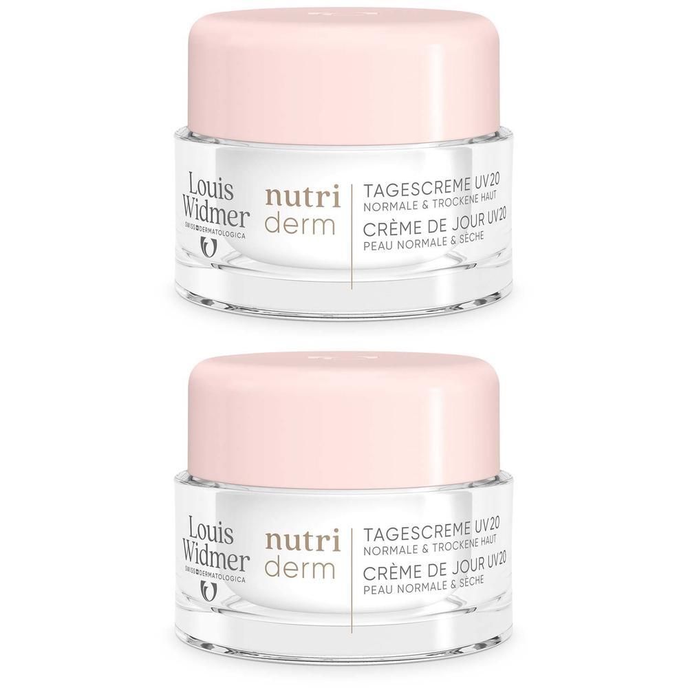 Zwei Tiegel Tagescreme UV 20. Rosa Deckel, transparente Gläser. Aufschrift: Louis Widmer, nutriderm, Tagescreme UV20, normale & trockene Haut.