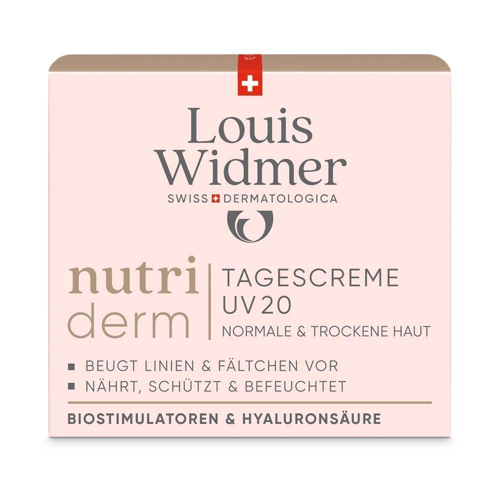 Kartonverpackung. Aufschrift: Louis Widmer, nutriderm, Tagescreme UV20, normale & trockene Haut. Mit Schweizer Kreuz und Produktinformationen.