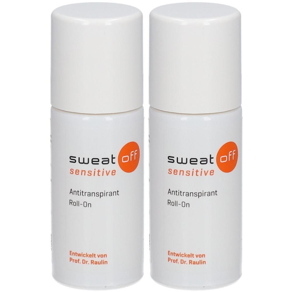 Zwei weiße Roll-on-Antitranspirant-Flaschen mit weißem Deckel. Aufschrift: sweat off sensitive, Roll-On.