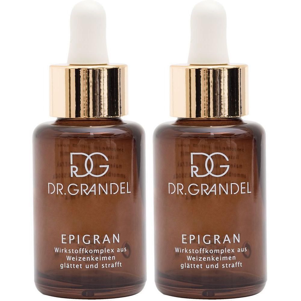 Zwei braune Glasflaschen mit goldenen Verschlüssen und Pipetten. Aufschrift: DR. GRANDEL, EPIGRAN. Enthält Weizenkeime.