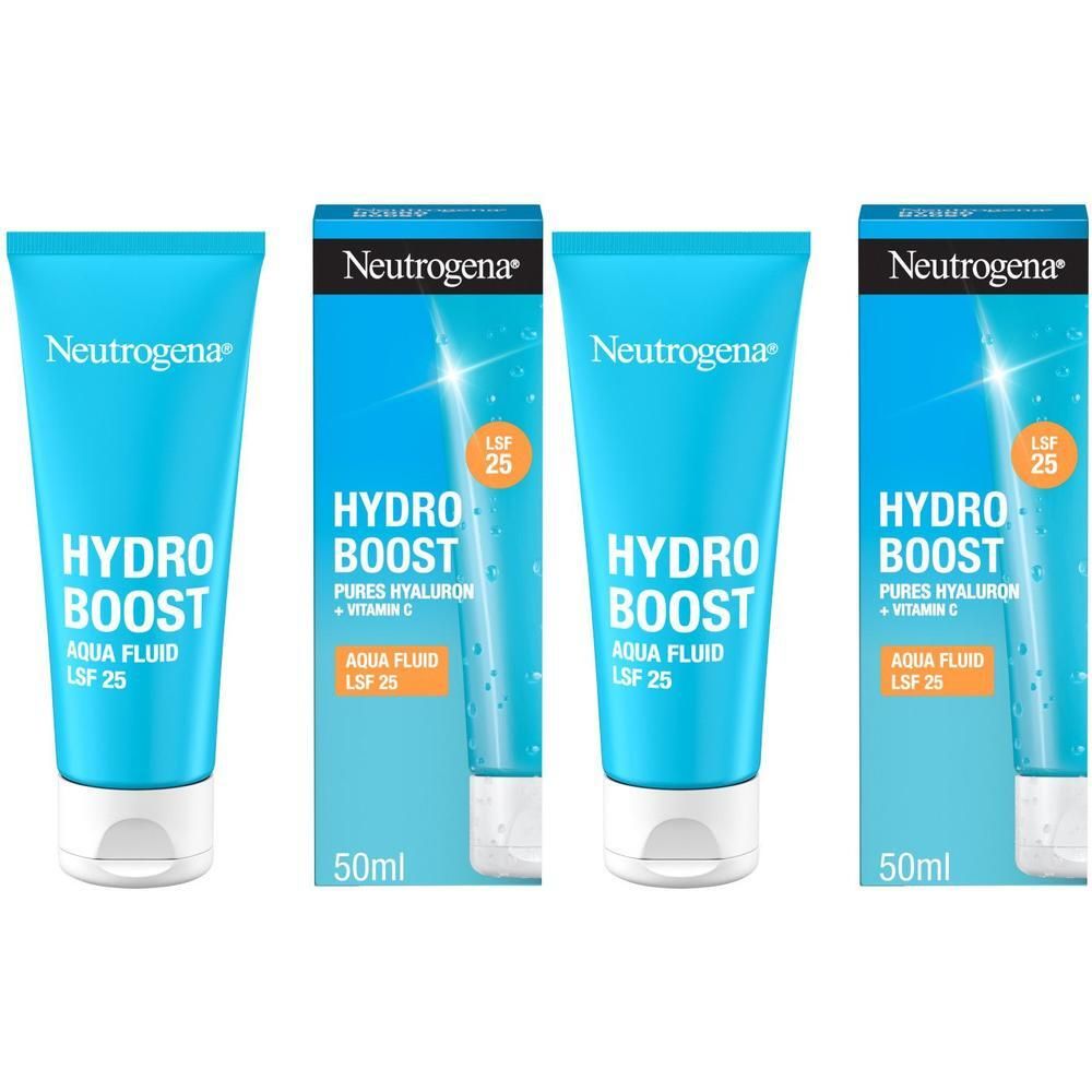 Drei Tuben und zwei Schachteln. Blaue Tuben mit weißem Deckel. Aufschrift: Hydro Boost Aqua Fluid LSF 25. Schachteln mit Produktinformationen.