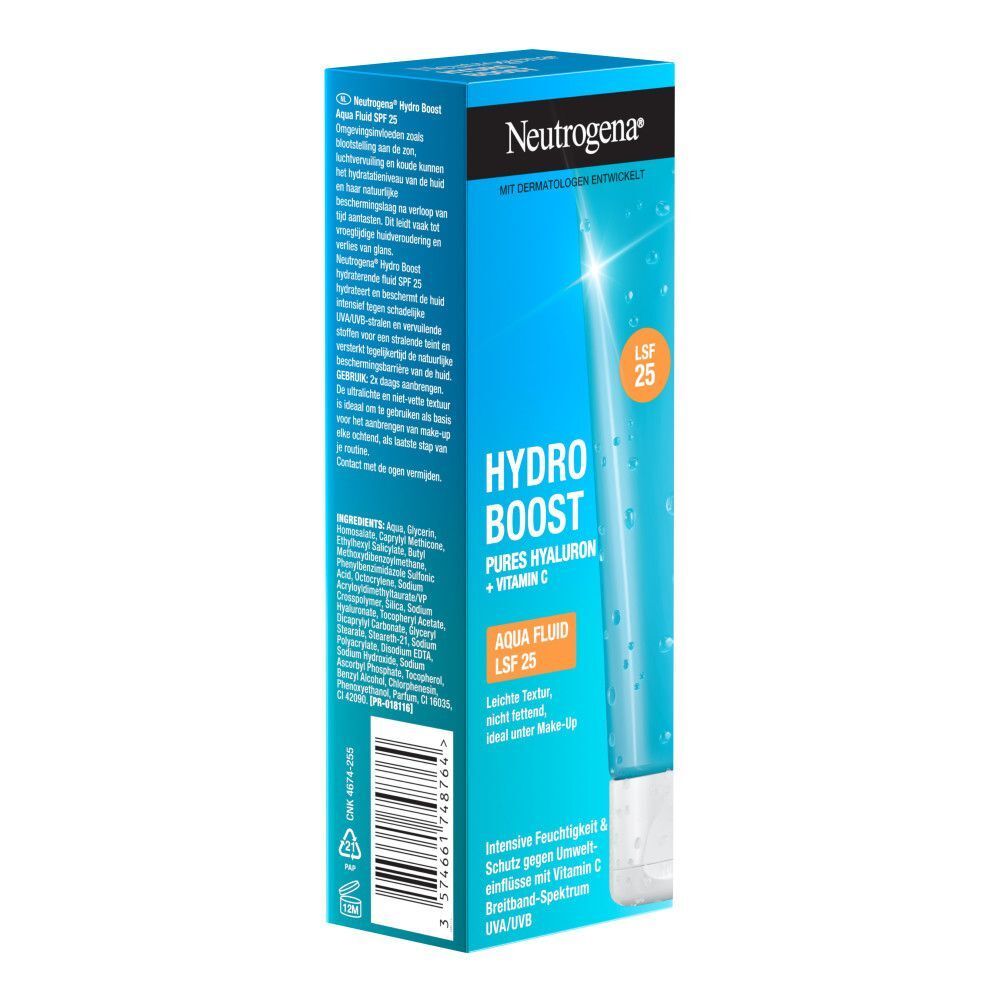 Blaue Schachtel mit Tube. Aufschrift: Hydro Boost Aqua Fluid LSF 25. Produktinformationen und Inhaltsstoffe. Orangefarbener Kreis mit LSF 25.