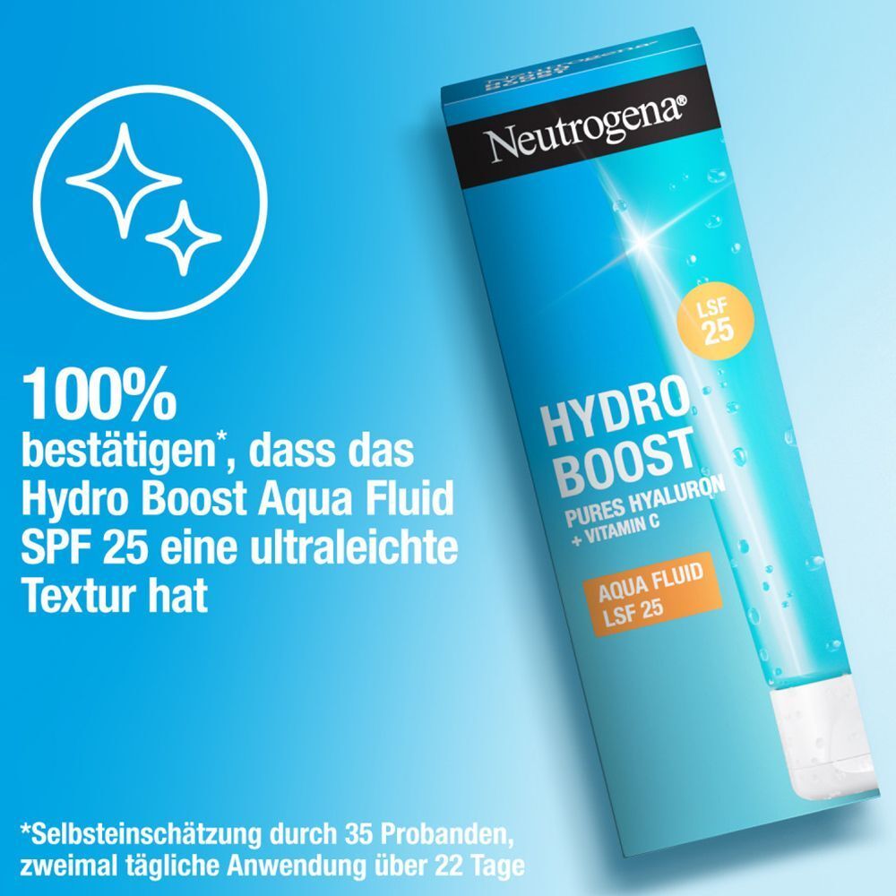 Blaue Schachtel mit Tube. Aufschrift: Hydro Boost Aqua Fluid LSF 25. Orangefarbener Kreis mit LSF 25. Text: 100% bestätigen ultraleichte Textur.