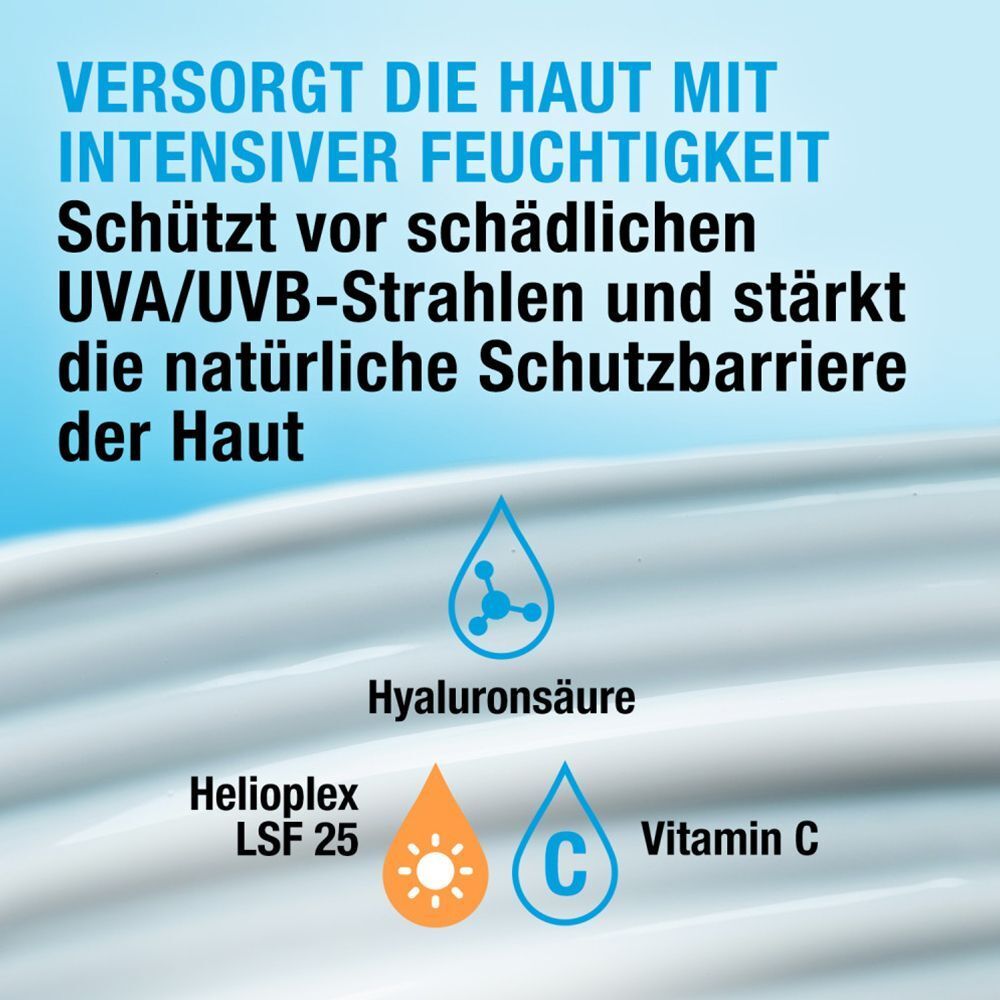 Grafik mit Tropfen und Text. Aufschrift: Hyaluronsäure, Helioplex LSF 25, Vitamin C. Blaue, orange und blaue Tropfen.