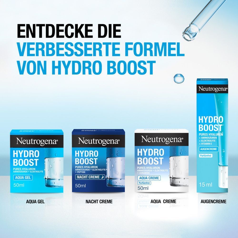 Verschiedene Produkte. Aufschrift: Hydro Boost Aqua Gel, Nacht Creme, Aqua Creme, Augencreme. Blaue und weiße Verpackungen.