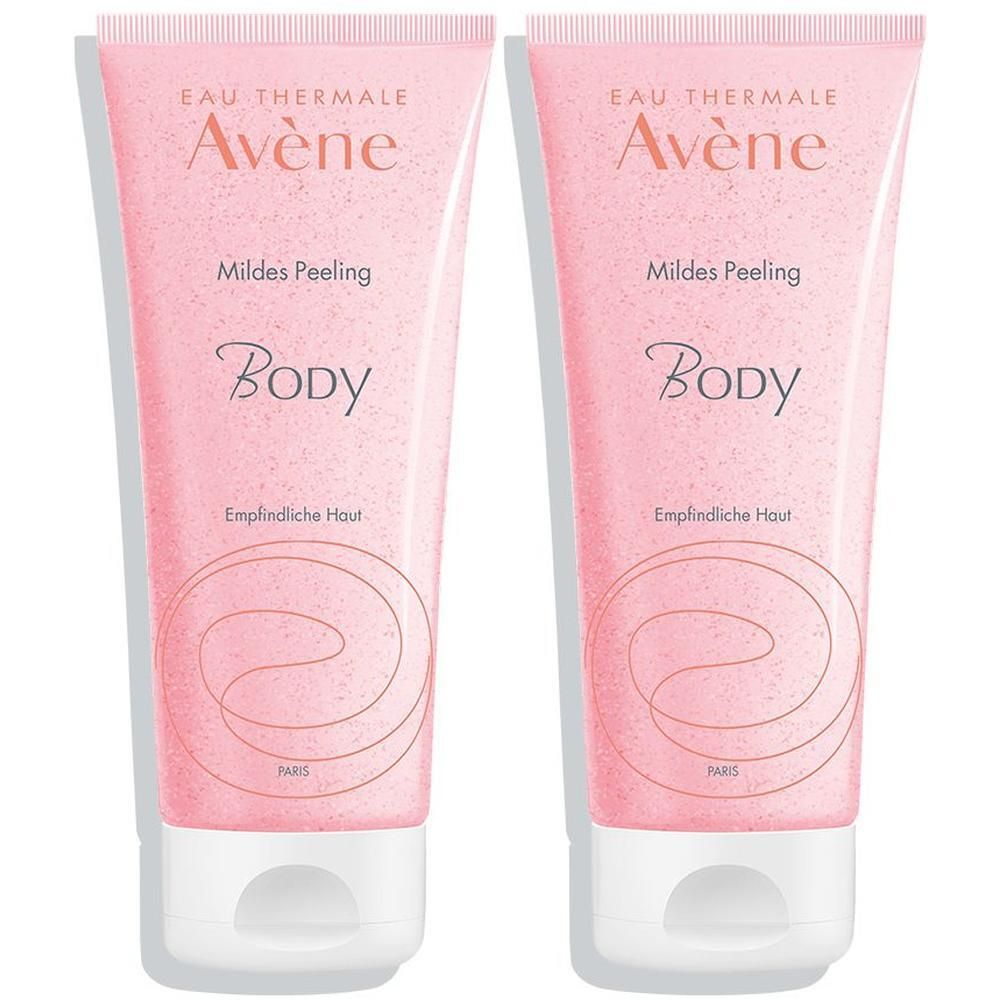 Zwei Tuben rosa Peeling-Gel. Aufschrift: Eau Thermale Avène, Mildes Peeling, Body, Empfindliche Haut.