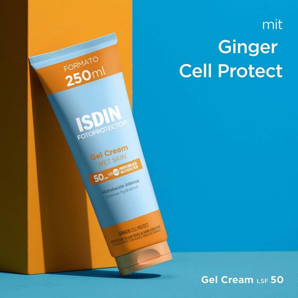 Tube ISDIN Fotoprotector Gel Cream LSF 50. Hellblaue Tube mit orangefarbenen Akzenten. Text: ISDIN, Gel Cream, 50, 250ml.