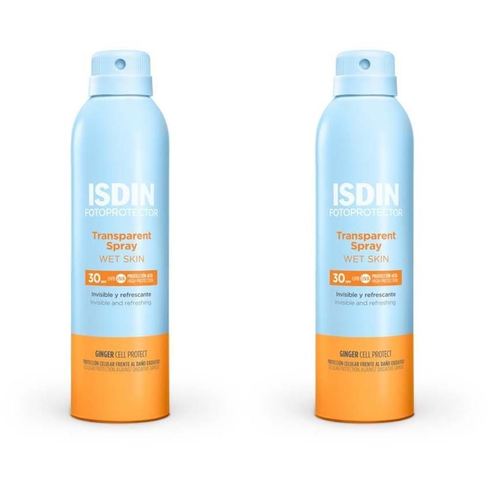 Zwei blaue Sprühflaschen mit orangefarbenen Akzenten. Aufschrift: ISDIN Fotoprotector Transparent Spray Wet Skin 30.