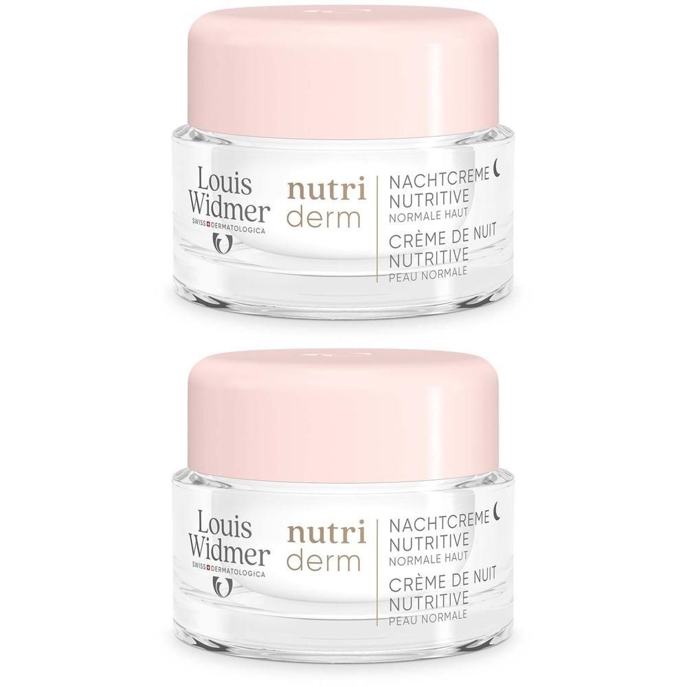 Zwei Tiegel Nachtcreme mit rosa Deckel. Aufschrift: Louis Widmer, nutriderm, Nachtcreme Nutritive, Crème de nuit nutritive.