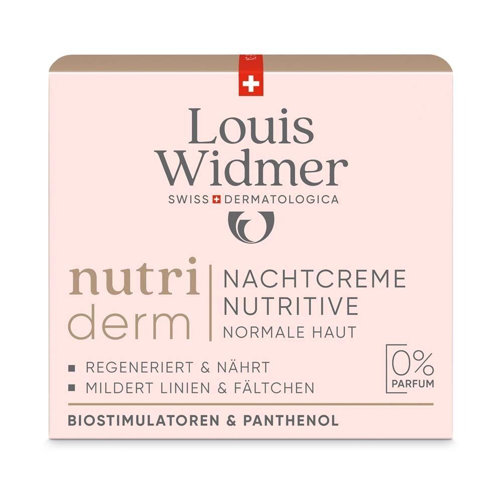 Verpackung der Nachtcreme. Aufschrift: Louis Widmer, nutriderm, Nachtcreme Nutritive, Normale Haut, 0% Parfum, Biostimulatoren & Panthenol.