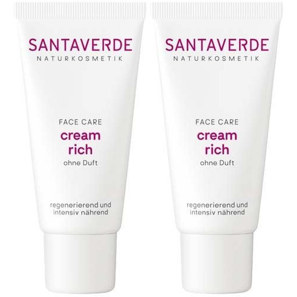 Zwei Tuben Creme, weiß mit lila Schrift. Aufschrift: SANTAVERDE, FACE CARE, cream rich ohne Duft. Regenerierend und intensiv nährend.