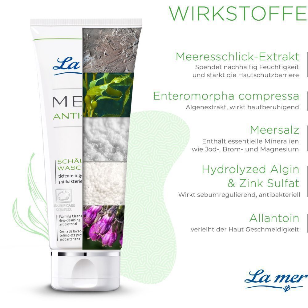 Aufgeschnittene Tube Waschcreme. Inhaltsstoffe: Meeresschlick-Extrakt, Enteromorpha compressa, Meersalz, Hydrolyzed Algin & Zink Sulfat, Allantoin.