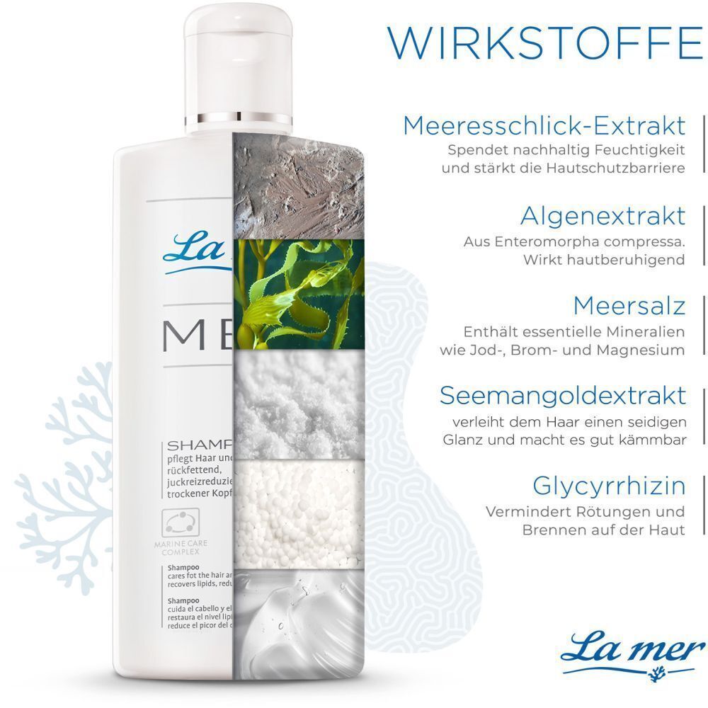 La mer MED SHAMPOO Flasche mit Inhaltsstoff-Grafik. Meeresschlick-Extrakt, Algenextrakt, Meersalz, Seemangoldextrakt, Glycyrrhizin.