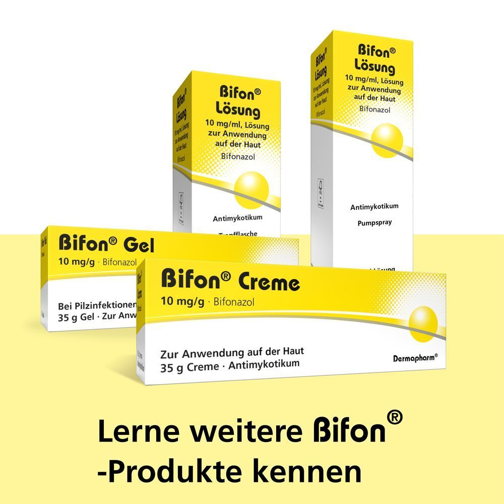 Verschiedene BIFON-Produkte: Haarlösung, Gel und Creme. Gelbe und weiße Verpackungen mit Produktnamen und Informationen. Text: 'Lerne weitere BIFON-Produkte kennen'.
