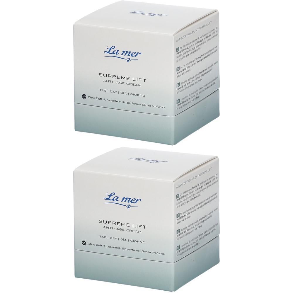Zwei quadratische Kartons. Aufschrift: La mer, Supreme Lift Anti-Age Cream. Tag | Day | Dia | Giorno. Ohne Duft.