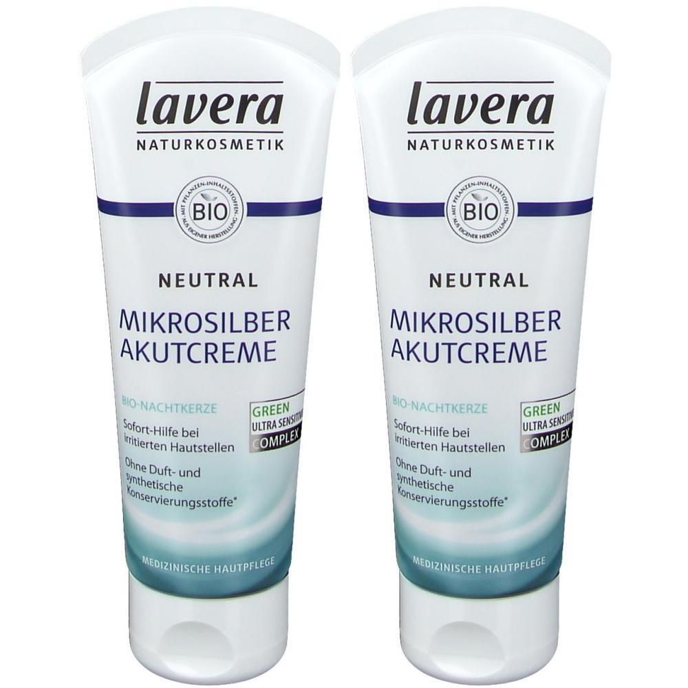 Zwei Tuben Creme. Aufschrift: lavera, Neutral, Mikrosilber Akutcreme. Mit Bio-Siegel. Weiße Tube mit blauem und grünem Design.