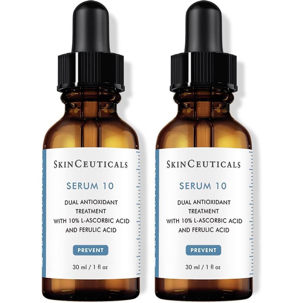 Zwei Flaschen SkinCeuticals Serum 10. Braune Glasflaschen mit Pipetten. Aufschrift: Serum 10, Dual Antioxidant Treatment.